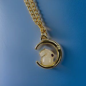 Gold White Jade Red Eye Rabbit on the Moon Pendant Necklace
